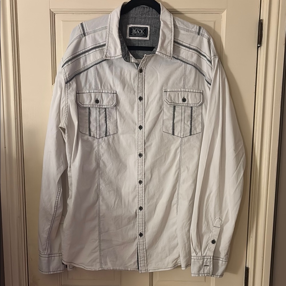 Buckle White Casual Button Down Shirt with Military-Inspired Shoulder Details